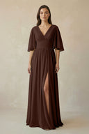 Half Sleeve V - Neck A - Line Chiffon Bridesmaid Gown in Espresso - SHE IS ME Bridesmaid Dresses