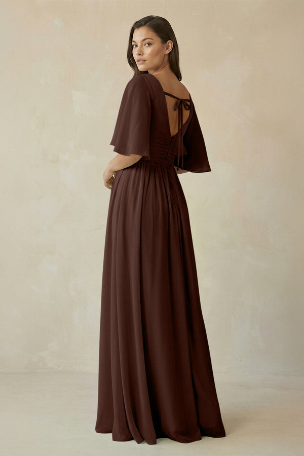 Half Sleeve V - Neck A - Line Chiffon Bridesmaid Gown in Espresso - SHE IS ME Bridesmaid Dresses