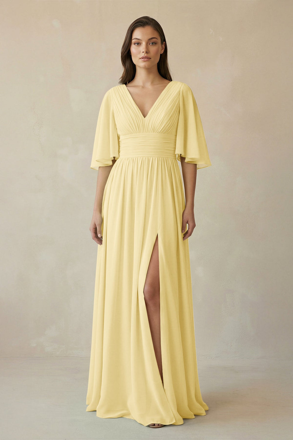 Half Sleeve V - Neck A - Line Chiffon Bridesmaid Gown in Pastel Yellow - SHE IS ME Bridesmaid Dresses