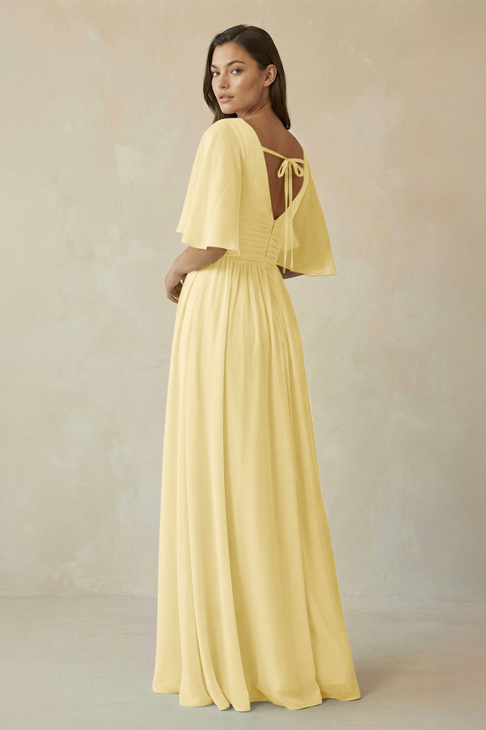 Half Sleeve V - Neck A - Line Chiffon Bridesmaid Gown in Pastel Yellow - SHE IS ME Bridesmaid Dresses
