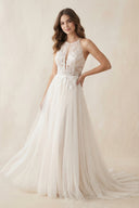 Halter A - Line Appliqued Tulle Wedding Dress in Ivory - SHE IS ME Wedding Dresses