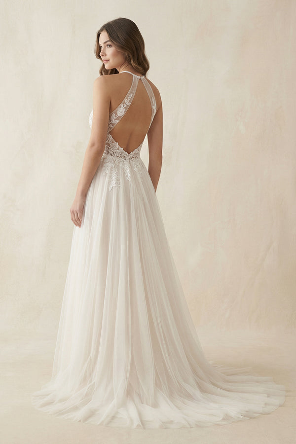 Halter A - Line Appliqued Tulle Wedding Dress in Ivory - SHE IS ME Wedding Dresses