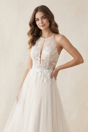 Halter A - Line Appliqued Tulle Wedding Dress in Ivory - SHE IS ME Wedding Dresses