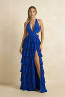 Halter A Line Beaded Maxi Dress With Slit in Royal Blue - SHE IS ME PROM DRESSES