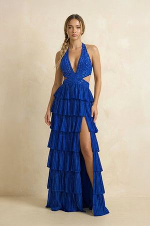 Halter A Line Beaded Maxi Dress With Slit in Royal Blue - SHE IS ME PROM DRESSES