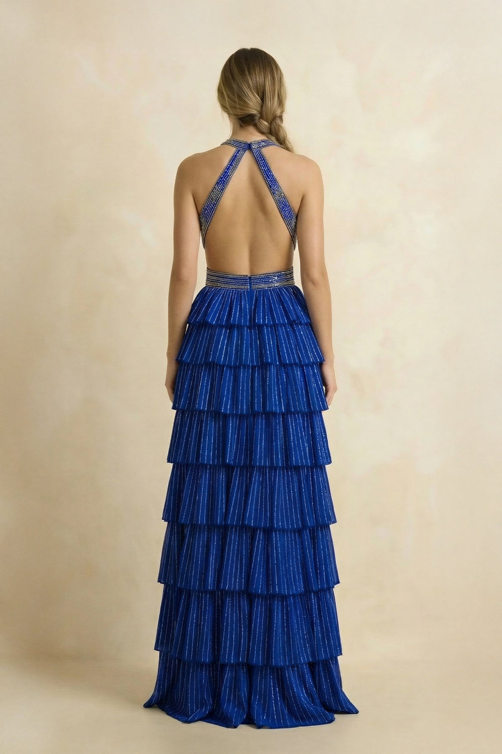 Halter A Line Beaded Maxi Dress With Slit in Royal Blue - SHE IS ME PROM DRESSES
