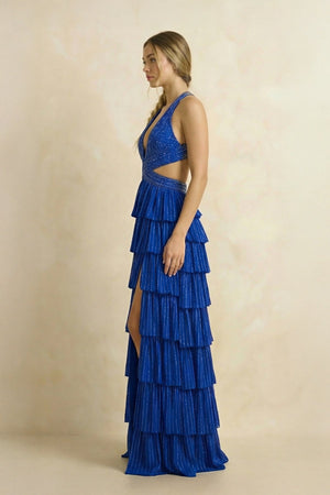 Halter A Line Beaded Maxi Dress With Slit in Royal Blue - SHE IS ME PROM DRESSES