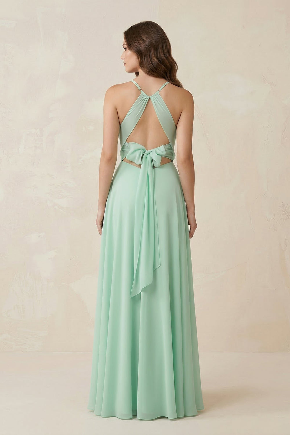 Halter A - Line Chiffon Bridesmaid Dress With Slit in Pale Pistachio - SHE IS ME Bridesmaid Dresses