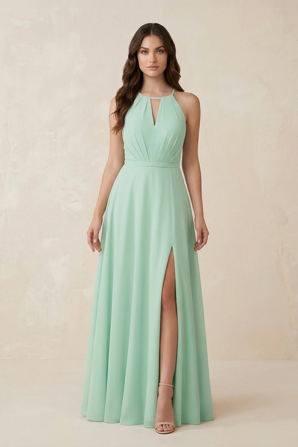 Halter A - Line Chiffon Bridesmaid Dress With Slit in Pale Pistachio - SHE IS ME Bridesmaid Dresses