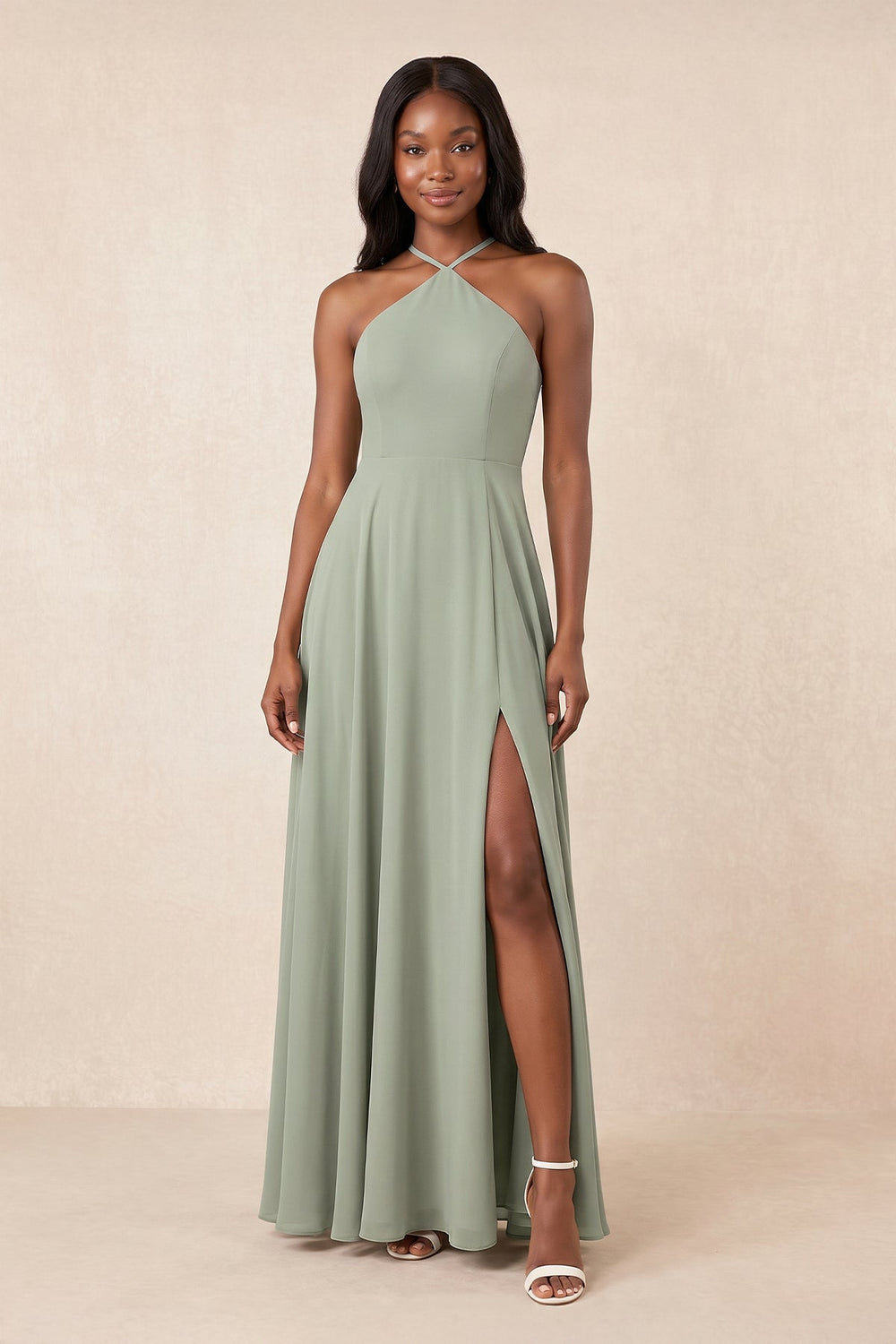 Halter A - Line Chiffon Maxi Dress in Frost - SHE IS ME Dresses