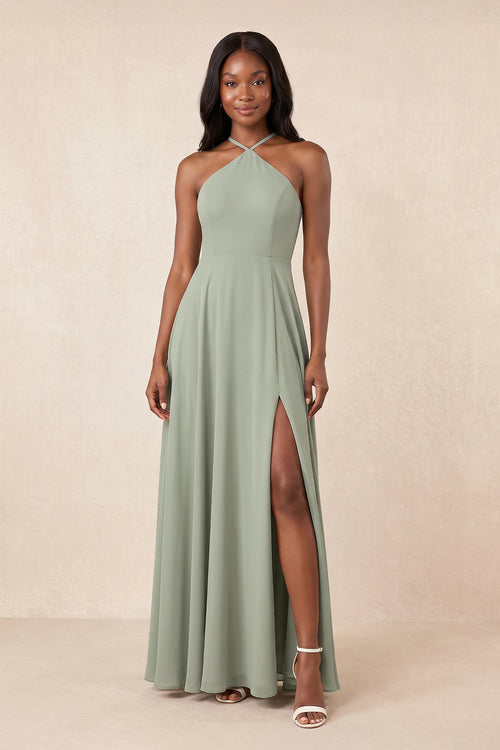 Halter A - Line Chiffon Maxi Dress in Frost - SHE IS ME Dresses