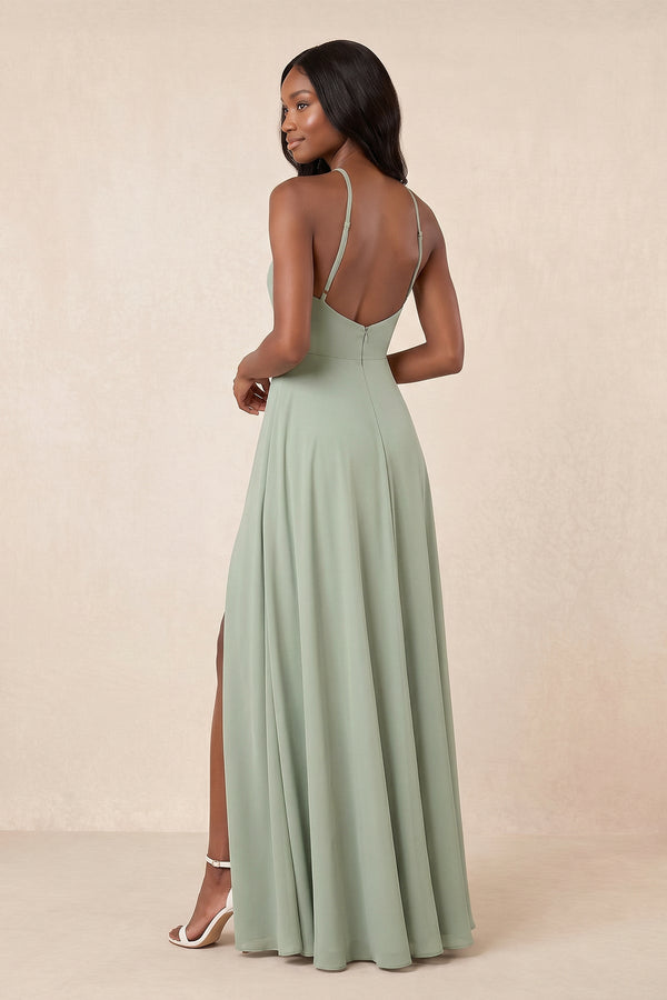 Halter A - Line Chiffon Maxi Dress in Frost - SHE IS ME Dresses
