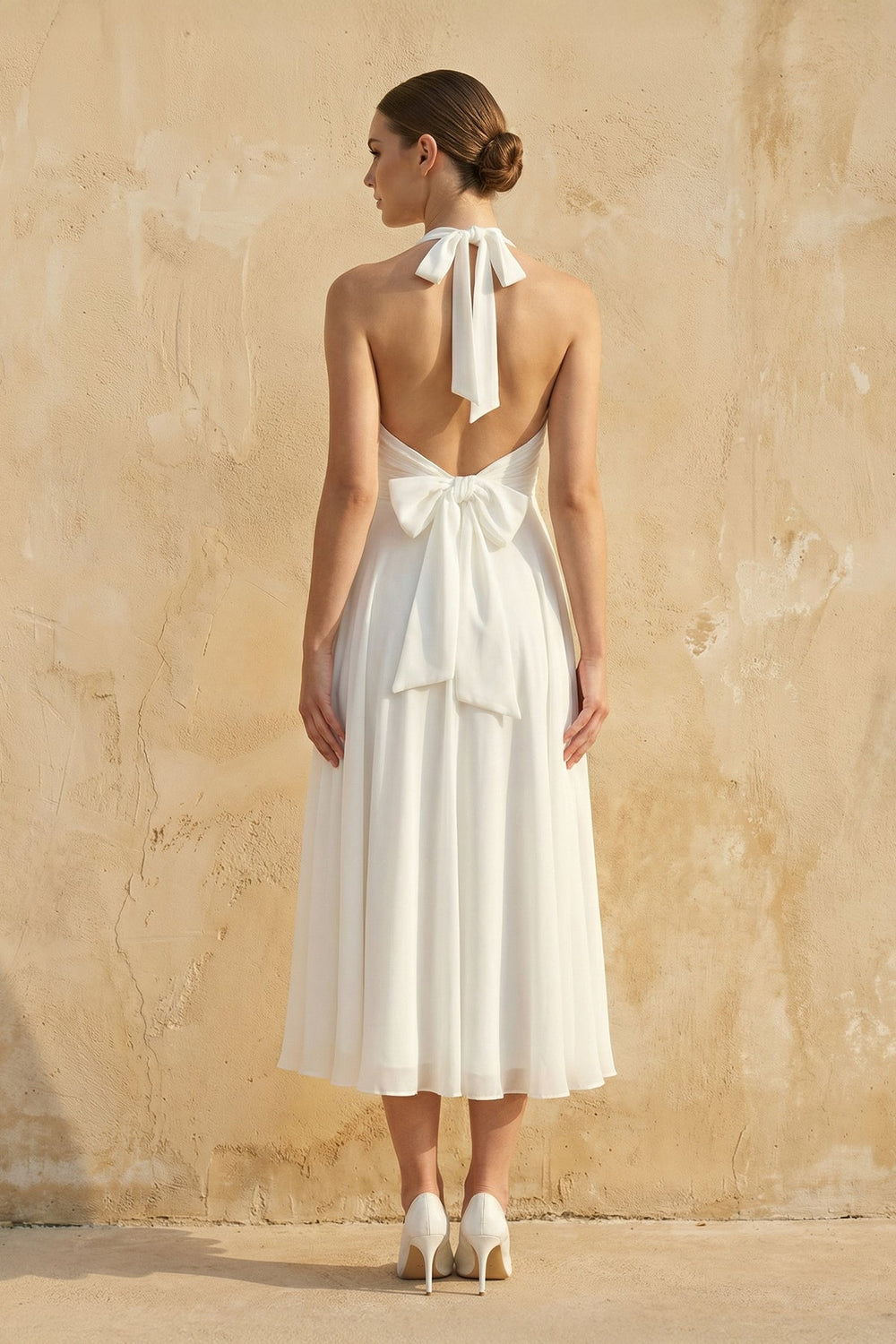Halter A Line Chiffon Wedding Dress in White - SHE IS ME Wedding Dresses