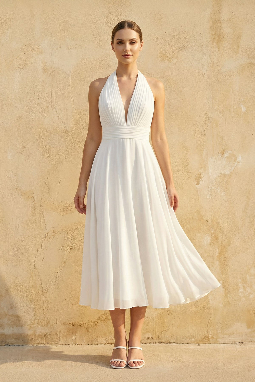 Halter A Line Chiffon Wedding Dress in White - SHE IS ME Wedding Dresses