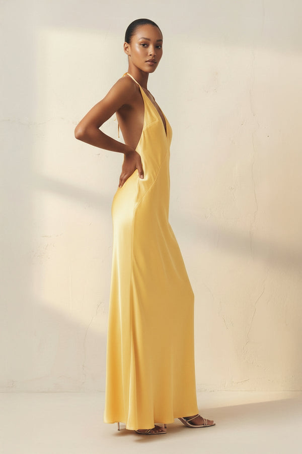 Halter Backless Maxi Dress With Slit in Yellow - SHE IS ME