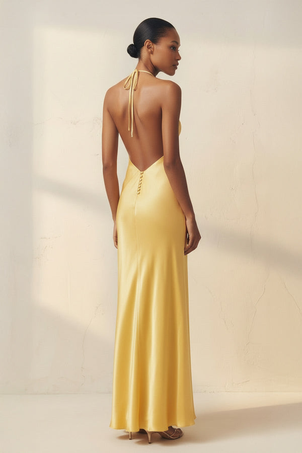 Halter Backless Maxi Dress With Slit in Yellow - SHE IS ME