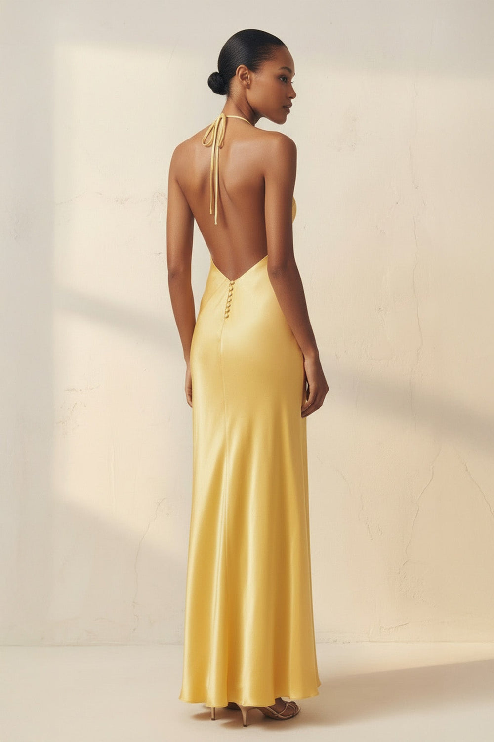 Halter Backless Maxi Dress With Slit in Yellow - SHE IS ME Prom Dresses