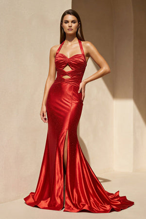 Halter Beaded Gown With Slit in Red - SHE IS ME