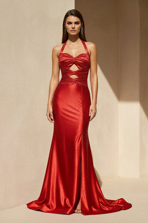Halter Beaded Gown With Slit in Red - SHE IS ME