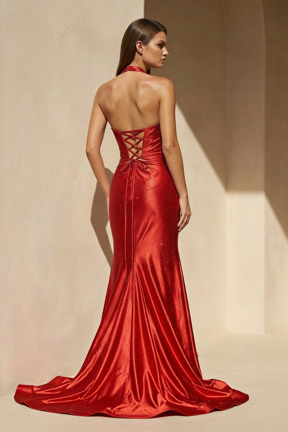 Halter Beaded Prom Dress With Slit in Red - SHE IS ME Prom Dresses