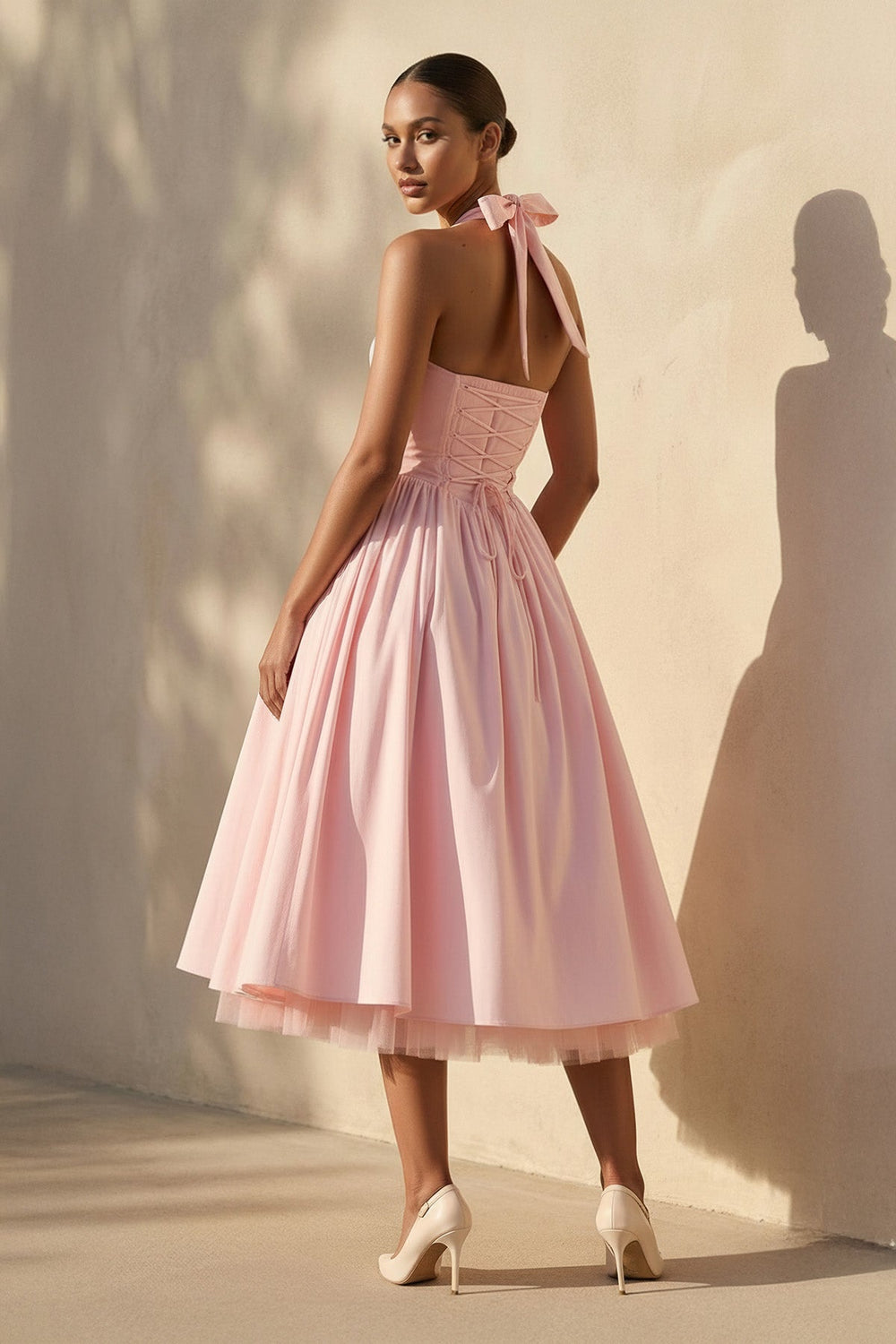 Halter Bow Midi Dress With Tulle Hem in Pink - SHE IS ME