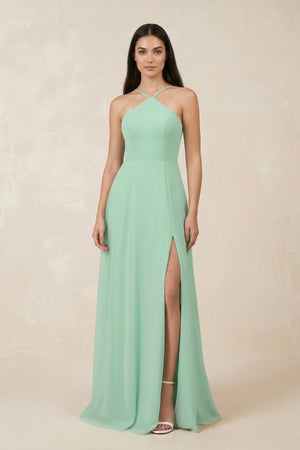 Halter Chiffon A-Line Bridesmaid Dress With Slit in Pale Pistachio - SHE IS ME BRIDESMAID DRESSES