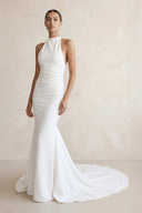 Halter Crepe Mermaid Ruched Wedding Dress in White - SHE IS ME Wedding Dresses
