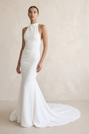 Halter Crepe Mermaid Ruched Wedding Dress in White - SHE IS ME Wedding Dresses