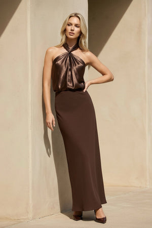 Halter Draped Maxi Dress in Brown - SHE IS ME PROM DRESSES