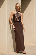 Halter Draped Maxi Dress in Brown - SHE IS ME PROM DRESSES