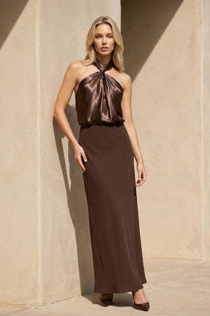 Halter Draped Maxi Dress in Brown - SHE IS ME PROM DRESSES