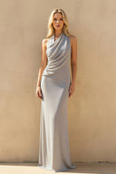 Halter Draped Maxi Dress in Silver - SHE IS ME PROM DRESSES