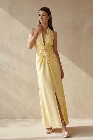 Halter Draped Maxi Dress With Slit in Yellow - SHE IS ME PROM DRESSES