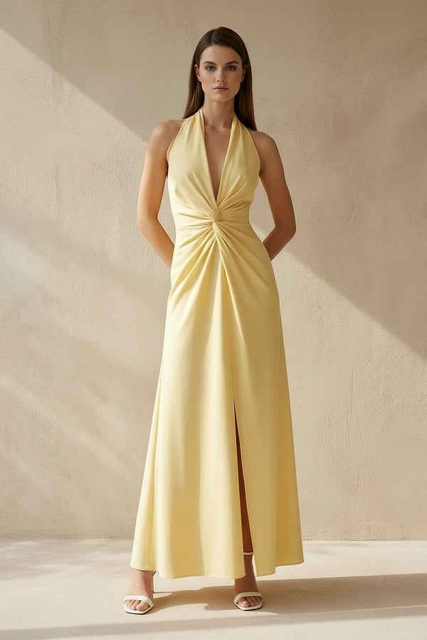 Halter Draped Maxi Dress With Slit in Yellow - SHE IS ME PROM DRESSES