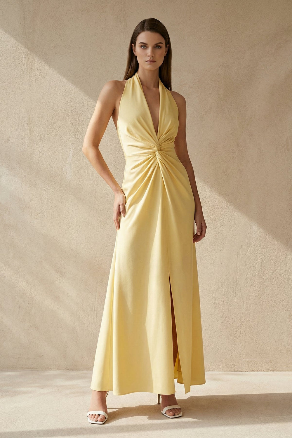 Halter Draped Maxi Dress With Slit in Yellow - SHE IS ME PROM DRESSES