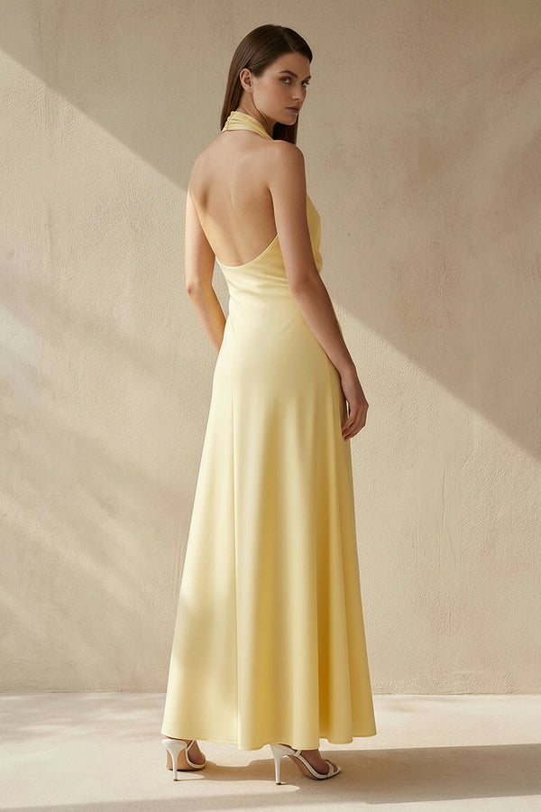 Halter Draped Maxi Dress With Slit in Yellow - SHE IS ME PROM DRESSES