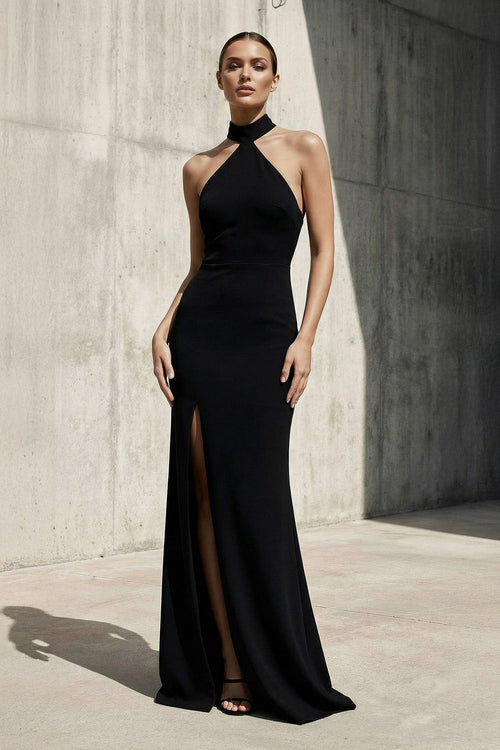Halter Maxi Dress With Slit in Black - SHE IS ME PROM DRESSES