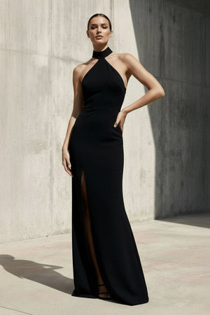 Halter Maxi Dress With Slit in Black - SHE IS ME PROM DRESSES