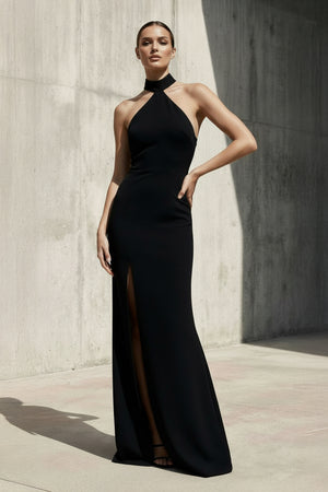 Sheisme-Black Stretch-Crepe Halter Sheath Maxi Evening Formal Dress