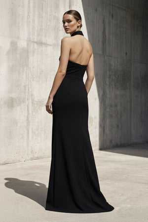 Sheisme-Black Stretch-Crepe Halter Sheath Maxi Evening Formal Dress
