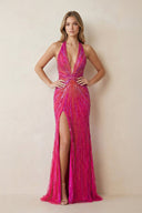 Halter Mermaid Beaded Maxi Dress With Slit in Fuchsia - SHE IS ME PROM DRESSES