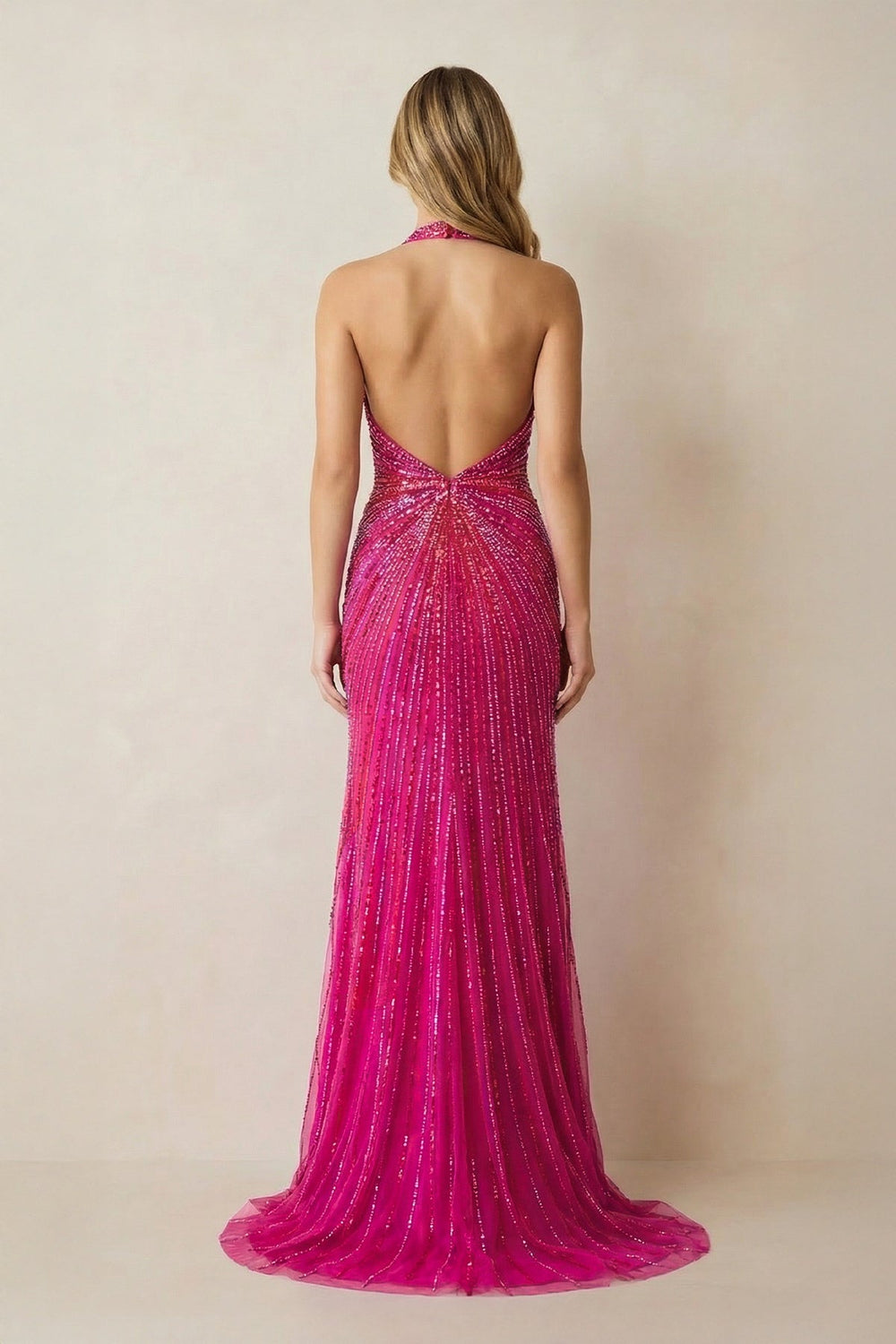 Halter Mermaid Beaded Maxi Dress With Slit in Fuchsia - SHE IS ME PROM DRESSES