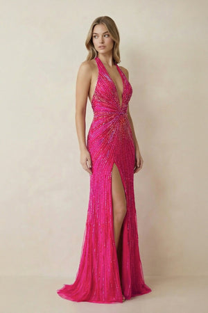 Halter Mermaid Beaded Maxi Dress With Slit in Fuchsia - SHE IS ME PROM DRESSES