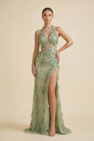 Halter Mermaid Floral Backless Maxi Dress in Sage - SHE IS ME PROM DRESSES