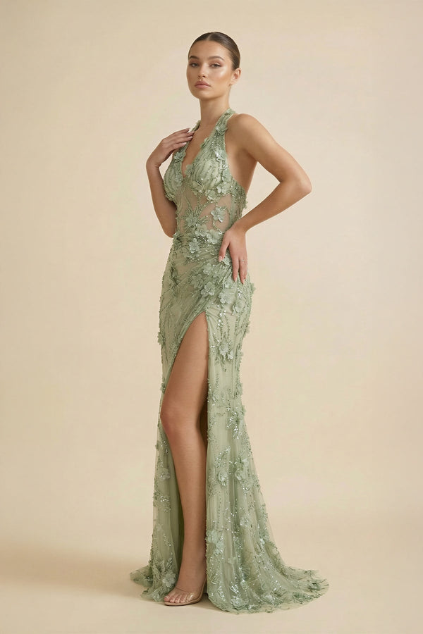 Halter Mermaid Floral Backless Maxi Dress in Sage - SHE IS ME PROM DRESSES