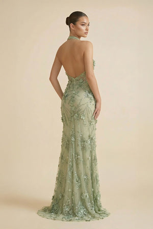 Halter Mermaid Floral Backless Maxi Dress in Sage - SHE IS ME PROM DRESSES