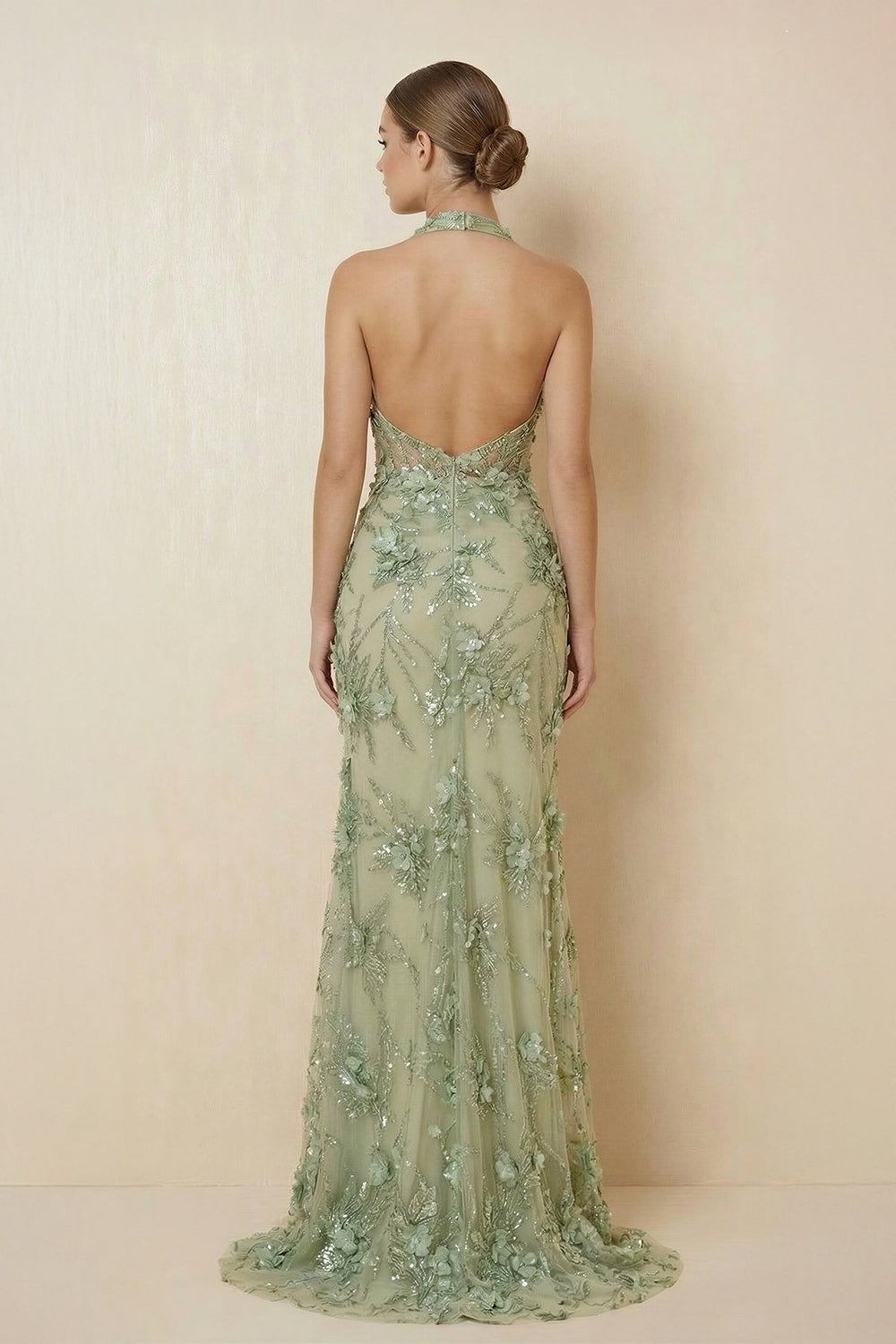 Halter Mermaid Floral Backless Maxi Dress in Sage - SHE IS ME PROM DRESSES