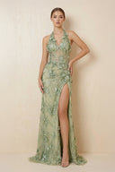 Halter Mermaid Floral Backless Maxi Dress in Sage - SHE IS ME 