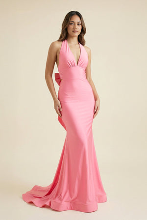 Halter Mermaid Maxi Dress With Bow in Pink - SHE IS ME PROM DRESSES