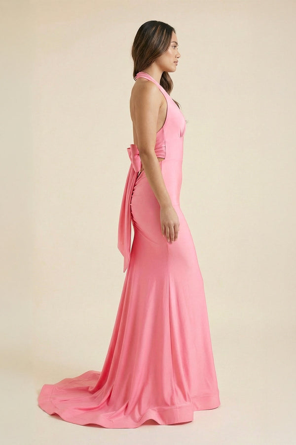 Halter Mermaid Maxi Dress With Bow in Pink - SHE IS ME PROM DRESSES